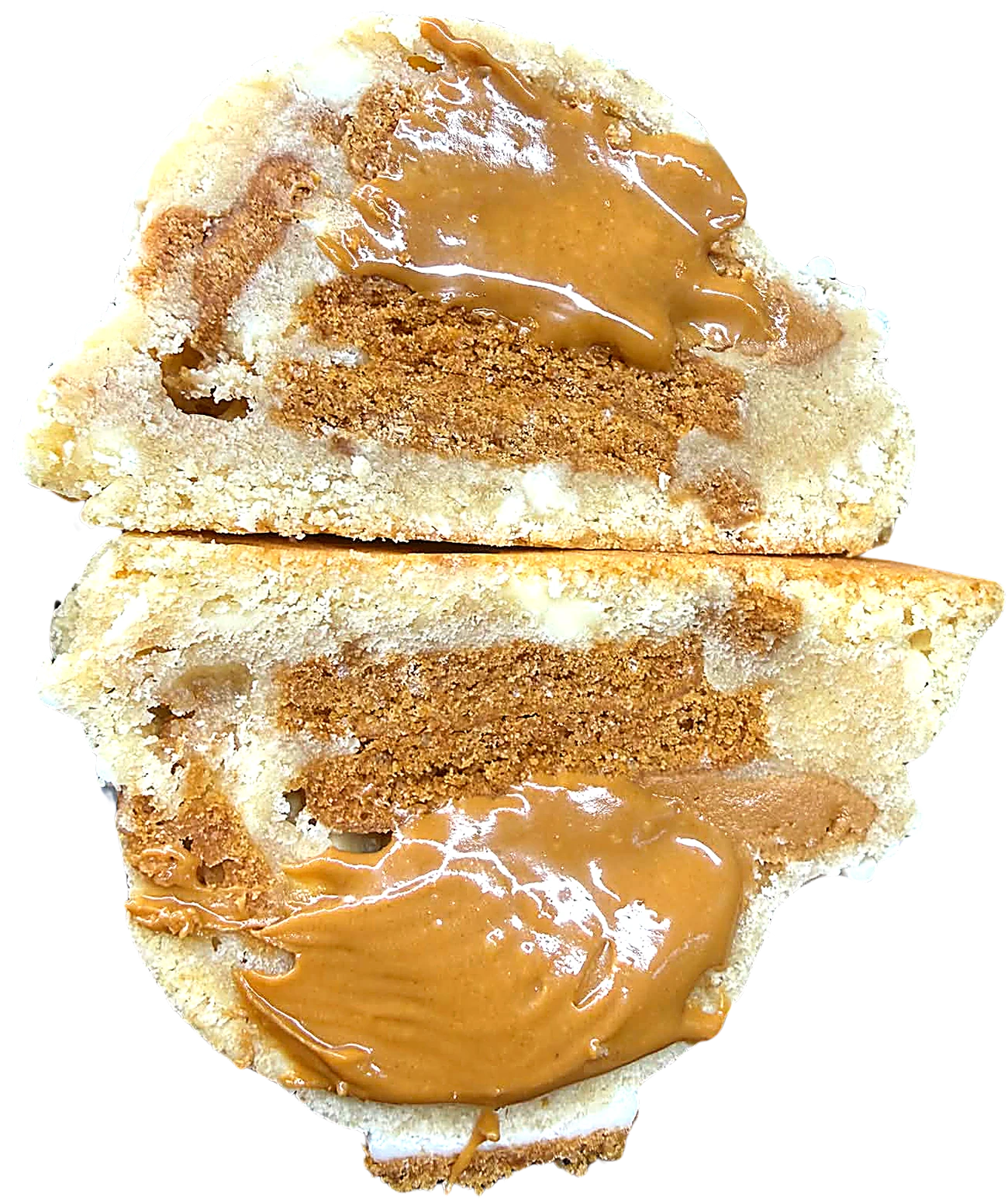 Inside a Scandal Biscoff cookie, showing the generous biscuit and Biscoff filling